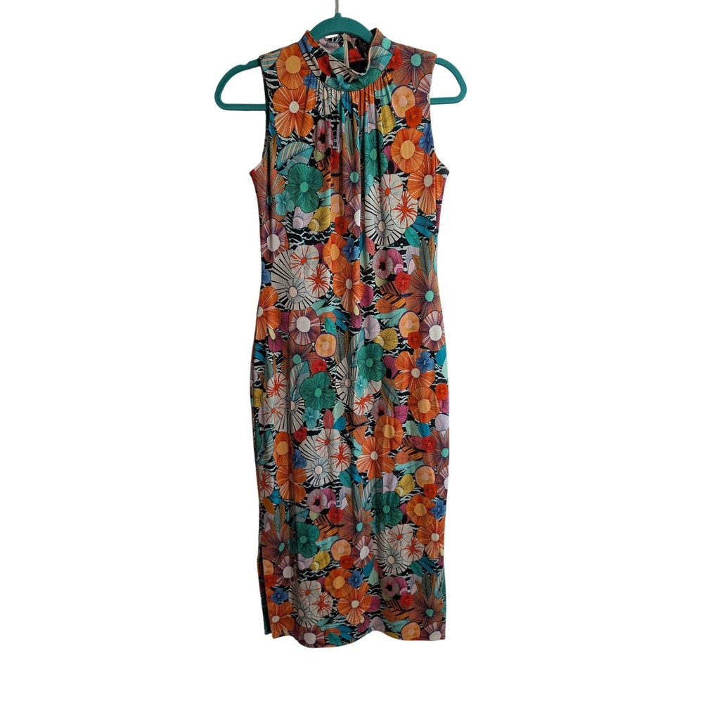 Hilton Hollis Floral Midi Dress Womens XS Multi Color Mock Neck Sleeveless Slit